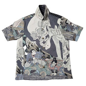 Rebel Vengeance Tapestry Shirt Japanese Skeleton Gashadokuro Graphic Art Vtg Y2K